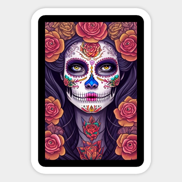 Woman in Colorful Sugar Skull Makeup Art Sticker by ImaginativeInkPOD